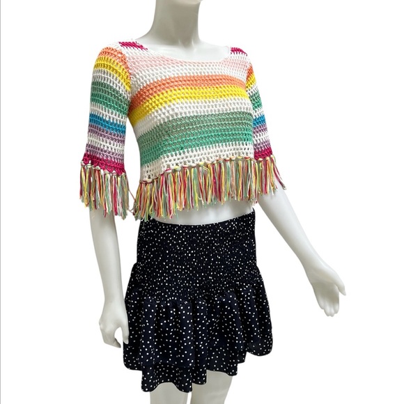 MISS SPARLING Crochet Fringe Cropped Beach Cover up Rainbow Stripes Hippie‎ Boho - Picture 3 of 17